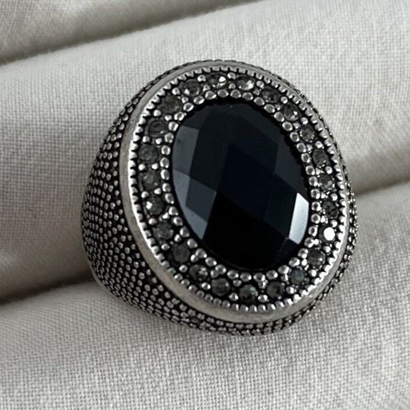 PD-77 Premier Designs Jewelry Onyx Silver Crystal Black Glass Ring RV 49 - Picture 5 of 5